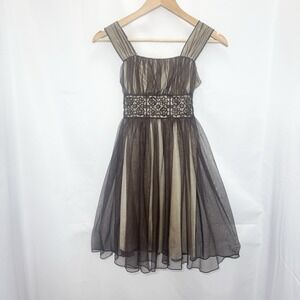 Girls Y2K Tulle Midi Dress Brown Forest Grunge Fairy Sheer Beaded Size 10 Party